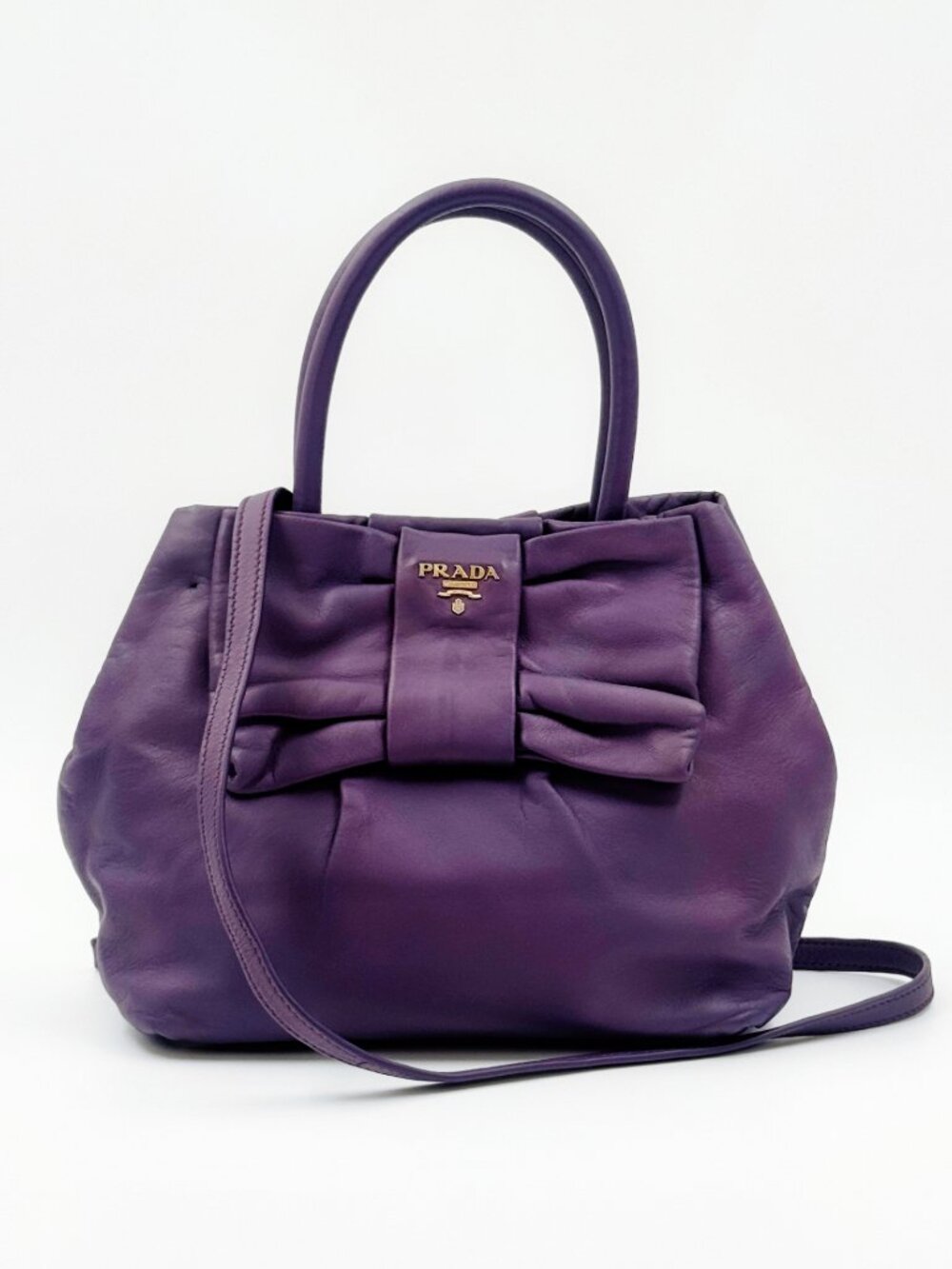 Prada Purple Leather Bow Tote Satchel Crossbody Shoulder Bag w/ Strap